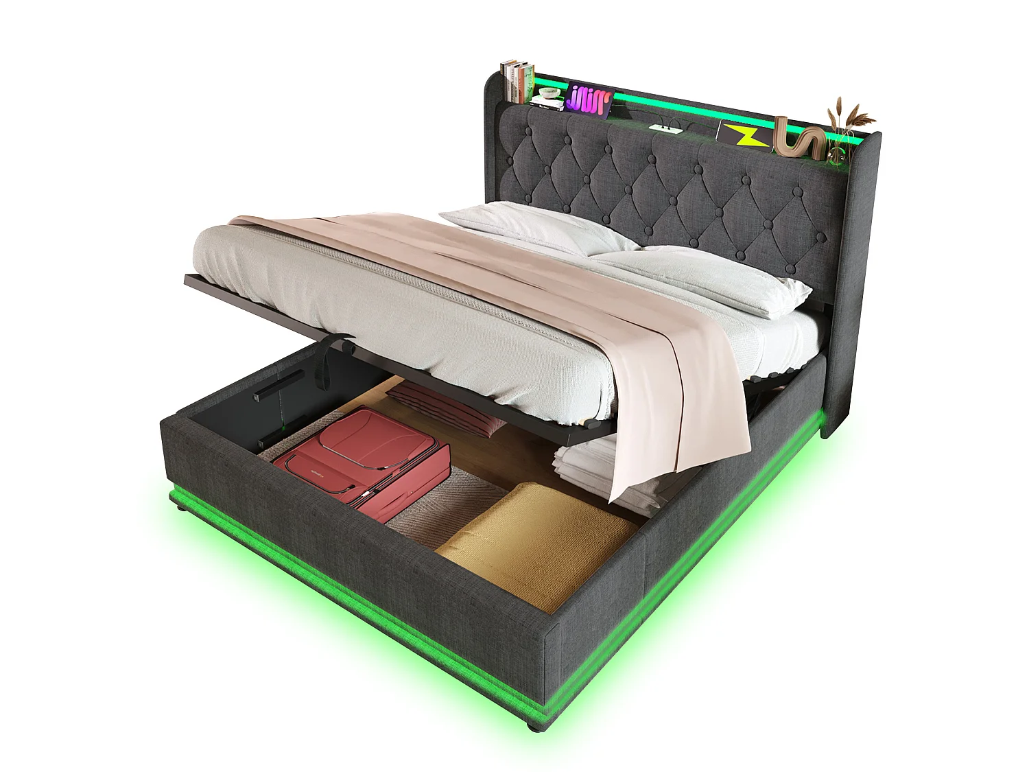 Lit coffre 140x200 cm avec tête de lit avec rangement, LED, USB Type-C, sommier à lattes - lin gris - matelas inclus