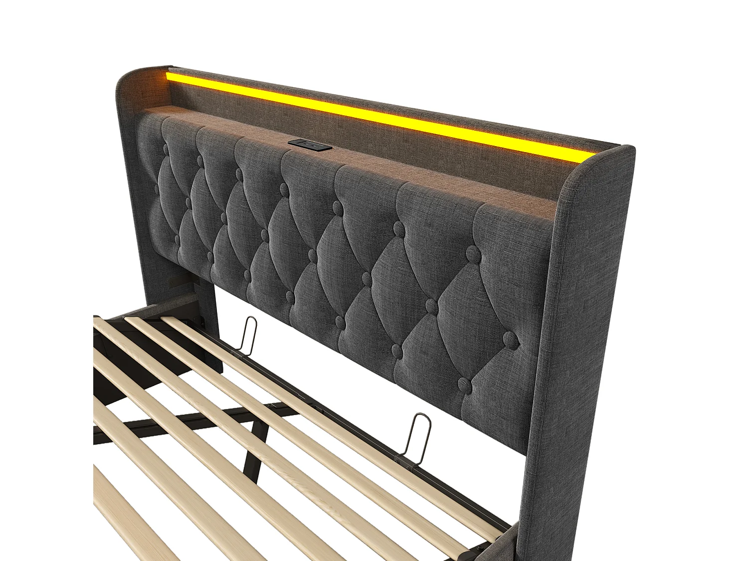 Lit coffre 140x200 cm avec tête de lit avec rangement, LED, USB Type-C, sommier à lattes - lin gris - matelas inclus