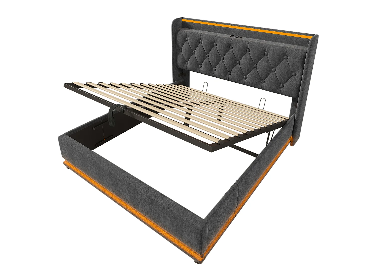 Lit coffre 140x200 cm avec tête de lit avec rangement, LED, USB Type-C, sommier à lattes - lin gris - matelas inclus