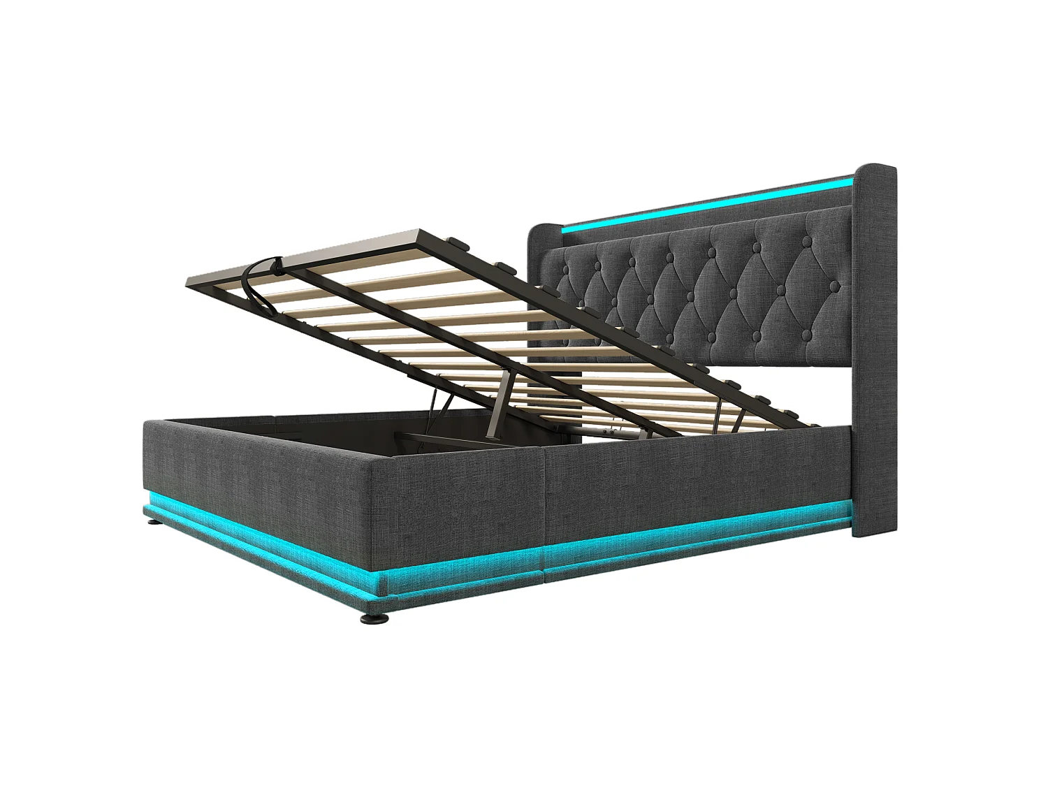 Lit coffre 140x200 cm avec tête de lit avec rangement, LED, USB Type-C, sommier à lattes - lin gris - matelas inclus