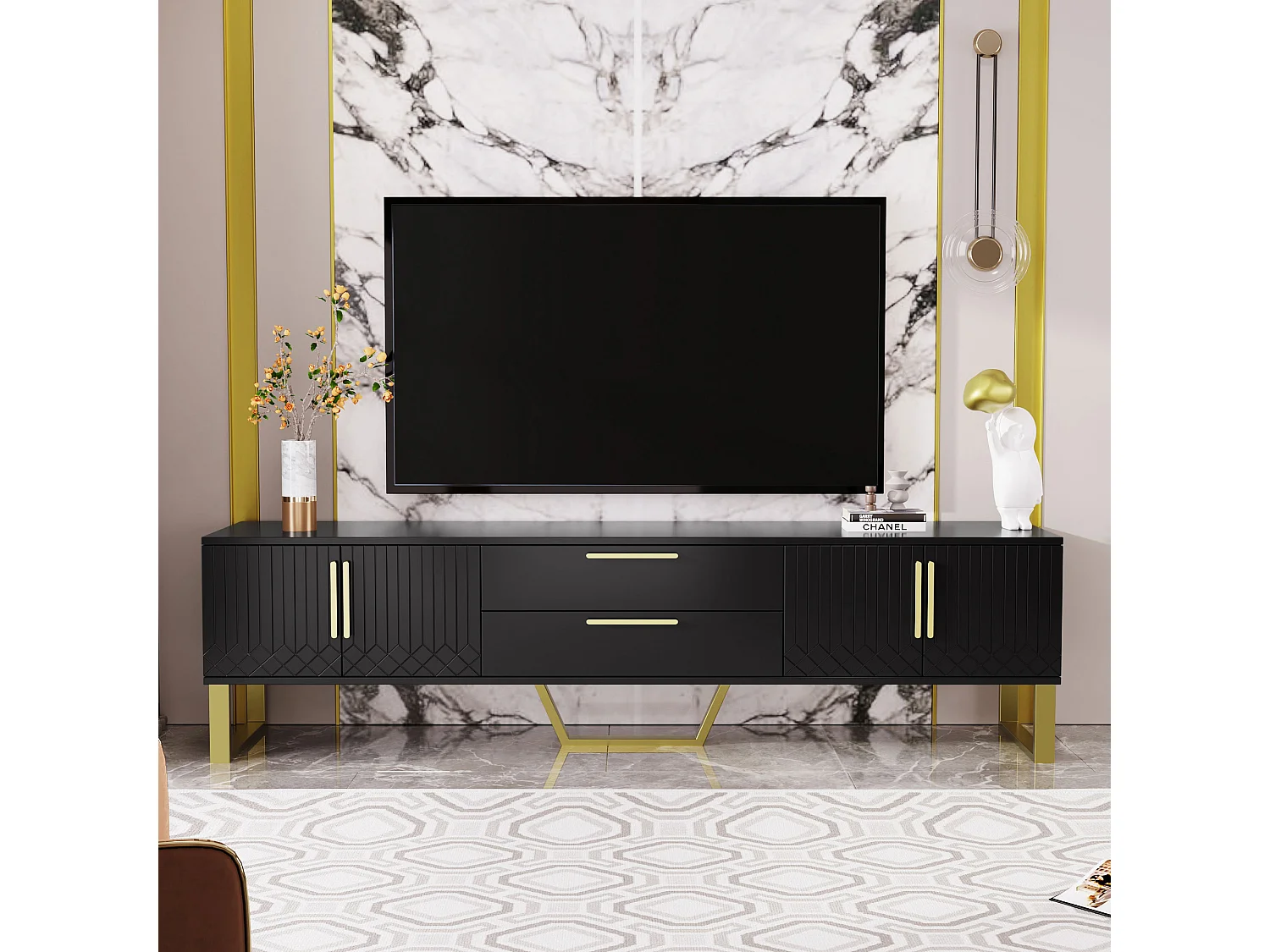 Szafka RTV czarno-złota 170x40x53,5 cm z mdf lakierowanego połysk z 4 drzwiami i przepustem