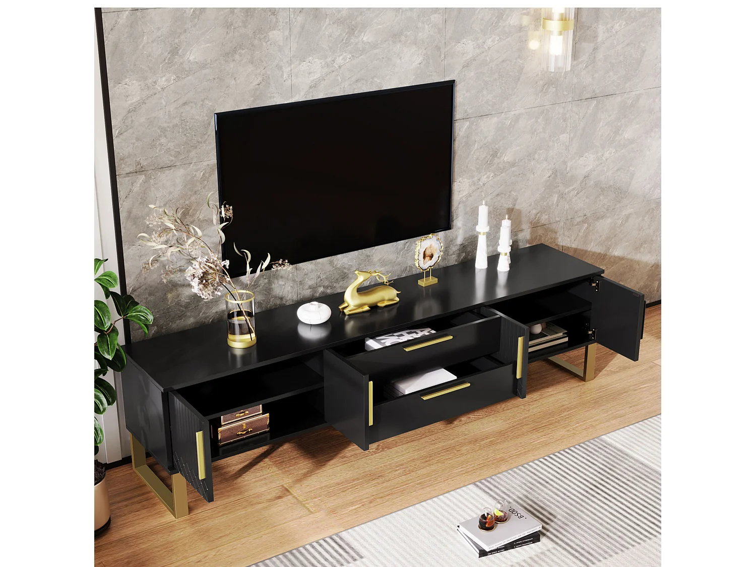 Szafka RTV czarno-złota 170x40x53,5 cm z mdf lakierowanego połysk z 4 drzwiami i przepustem