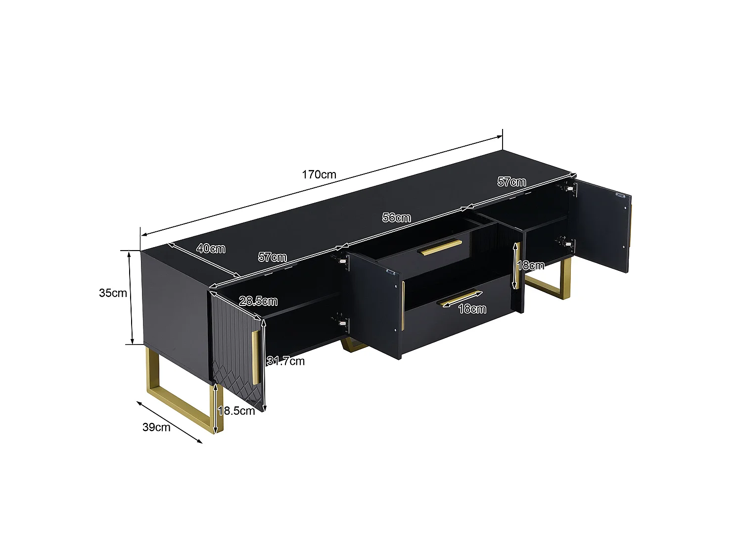 Szafka RTV czarno-złota 170x40x53,5 cm z mdf lakierowanego połysk z 4 drzwiami i przepustem