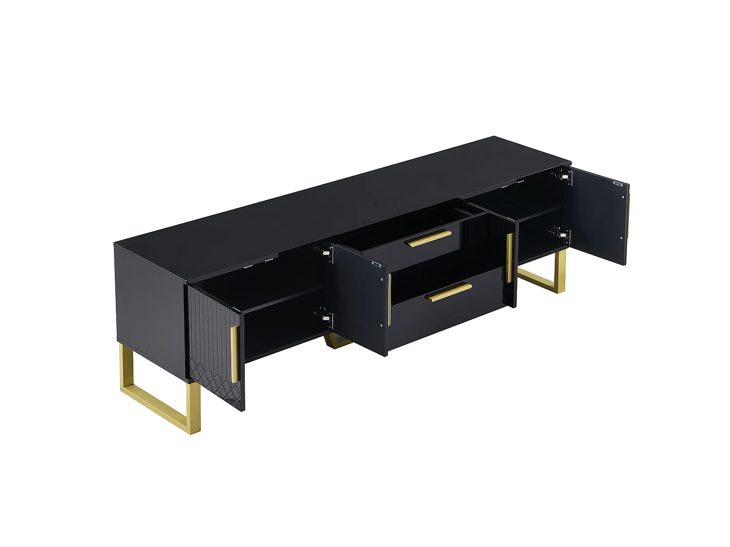 Szafka RTV czarno-złota 170x40x53,5 cm z mdf lakierowanego połysk z 4 drzwiami i przepustem
