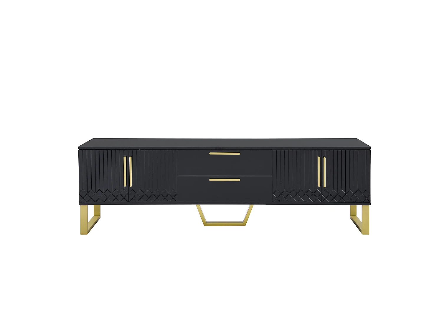 Szafka RTV czarno-złota 170x40x53,5 cm z mdf lakierowanego połysk z 4 drzwiami i przepustem