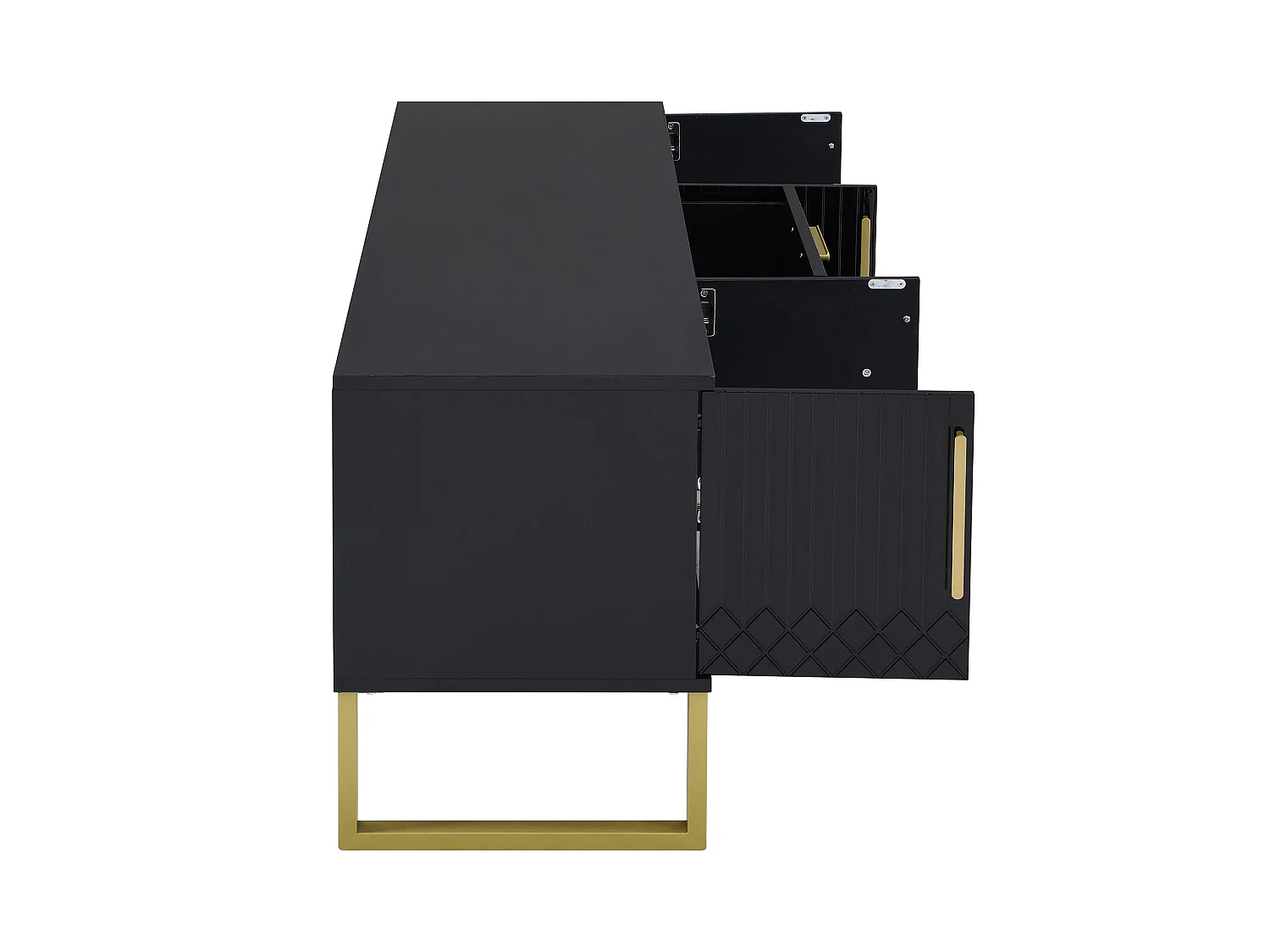 Szafka RTV czarno-złota 170x40x53,5 cm z mdf lakierowanego połysk z 4 drzwiami i przepustem