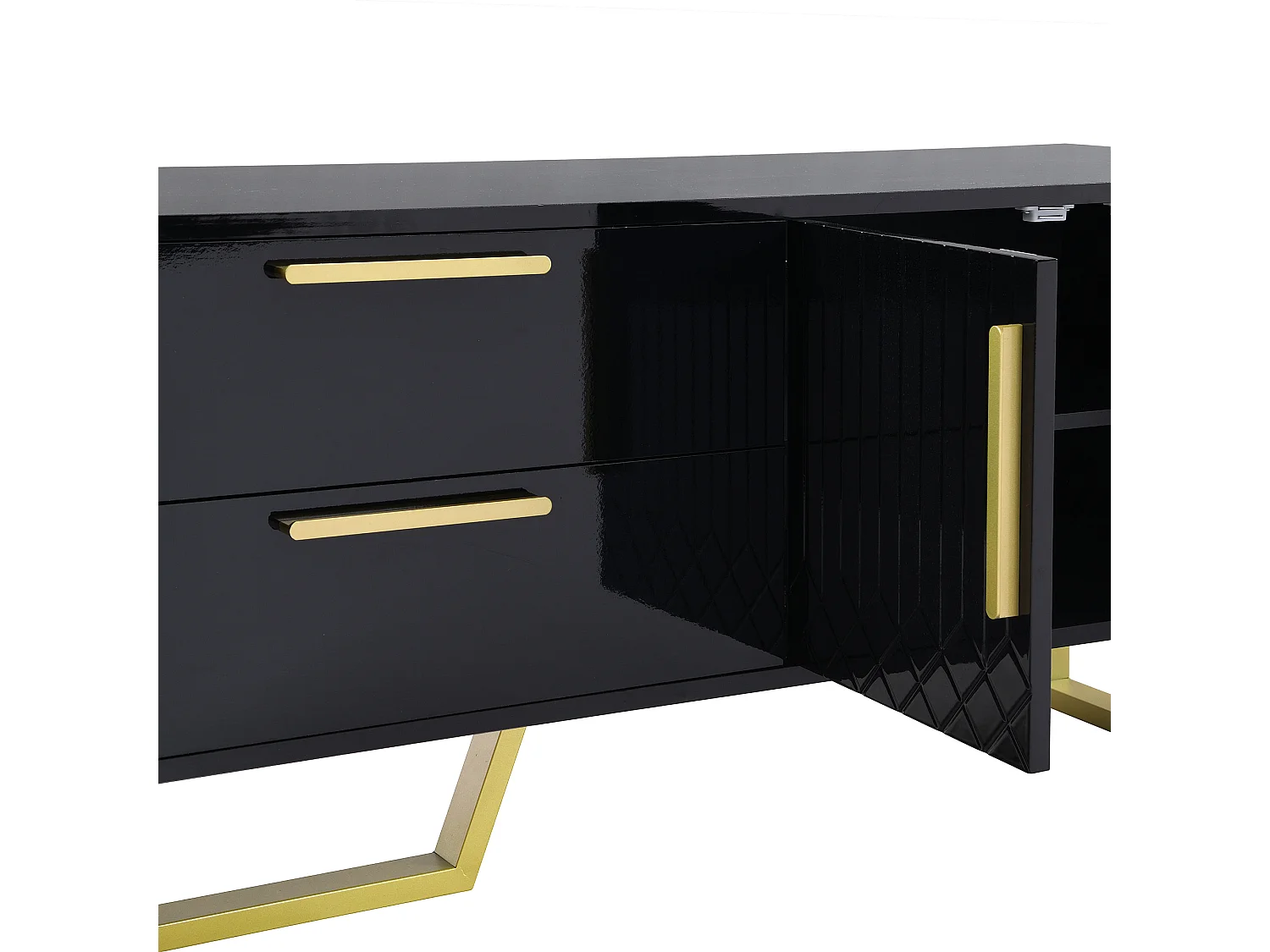 Szafka RTV czarno-złota 170x40x53,5 cm z mdf lakierowanego połysk z 4 drzwiami i przepustem