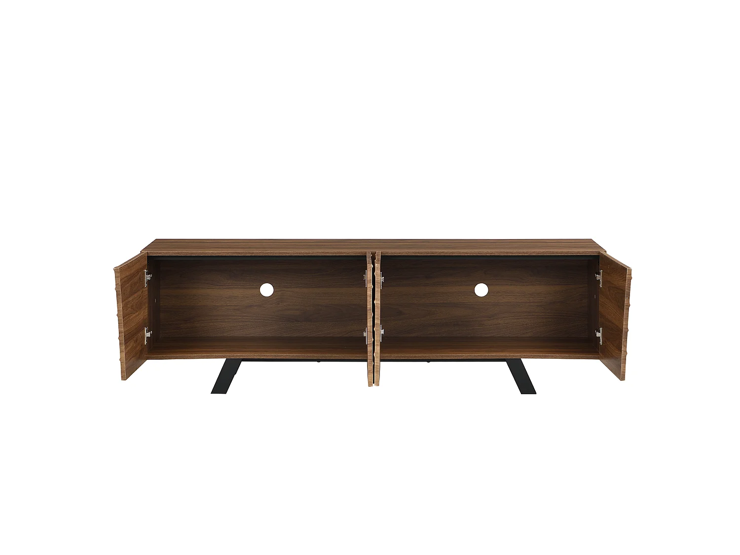 Meuble tv noyer 160x39x50,5 cm avec façade ondulée, rangement, passe-câbles et pieds en fer noir