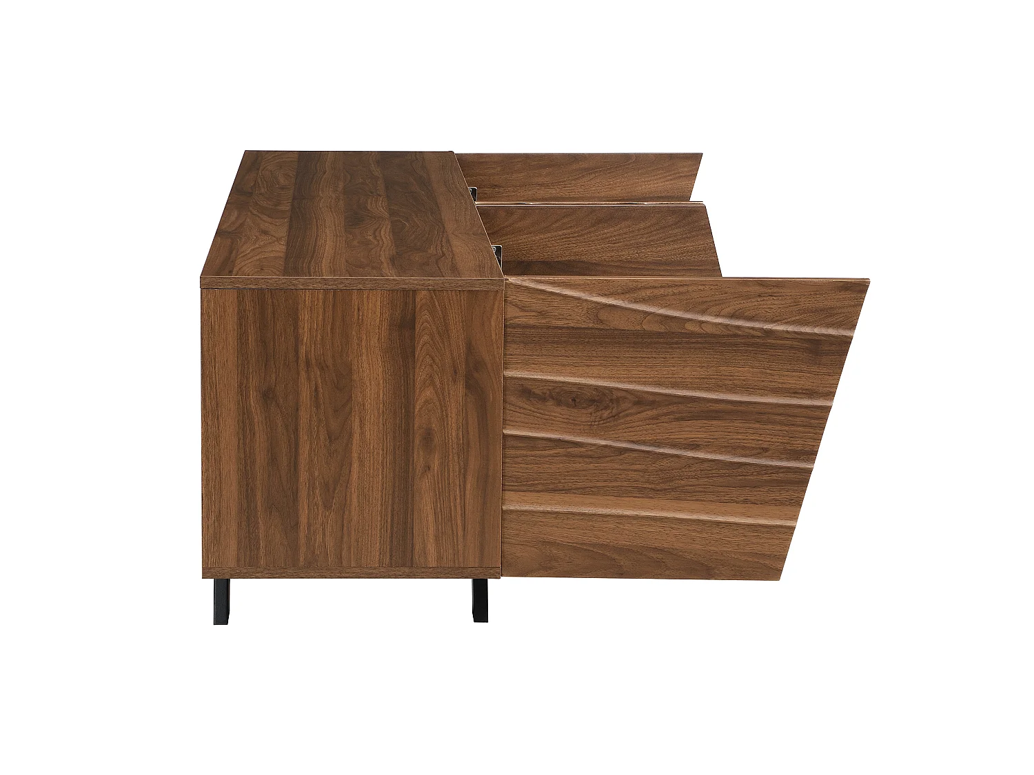 Meuble tv noyer 160x39x50,5 cm avec façade ondulée, rangement, passe-câbles et pieds en fer noir