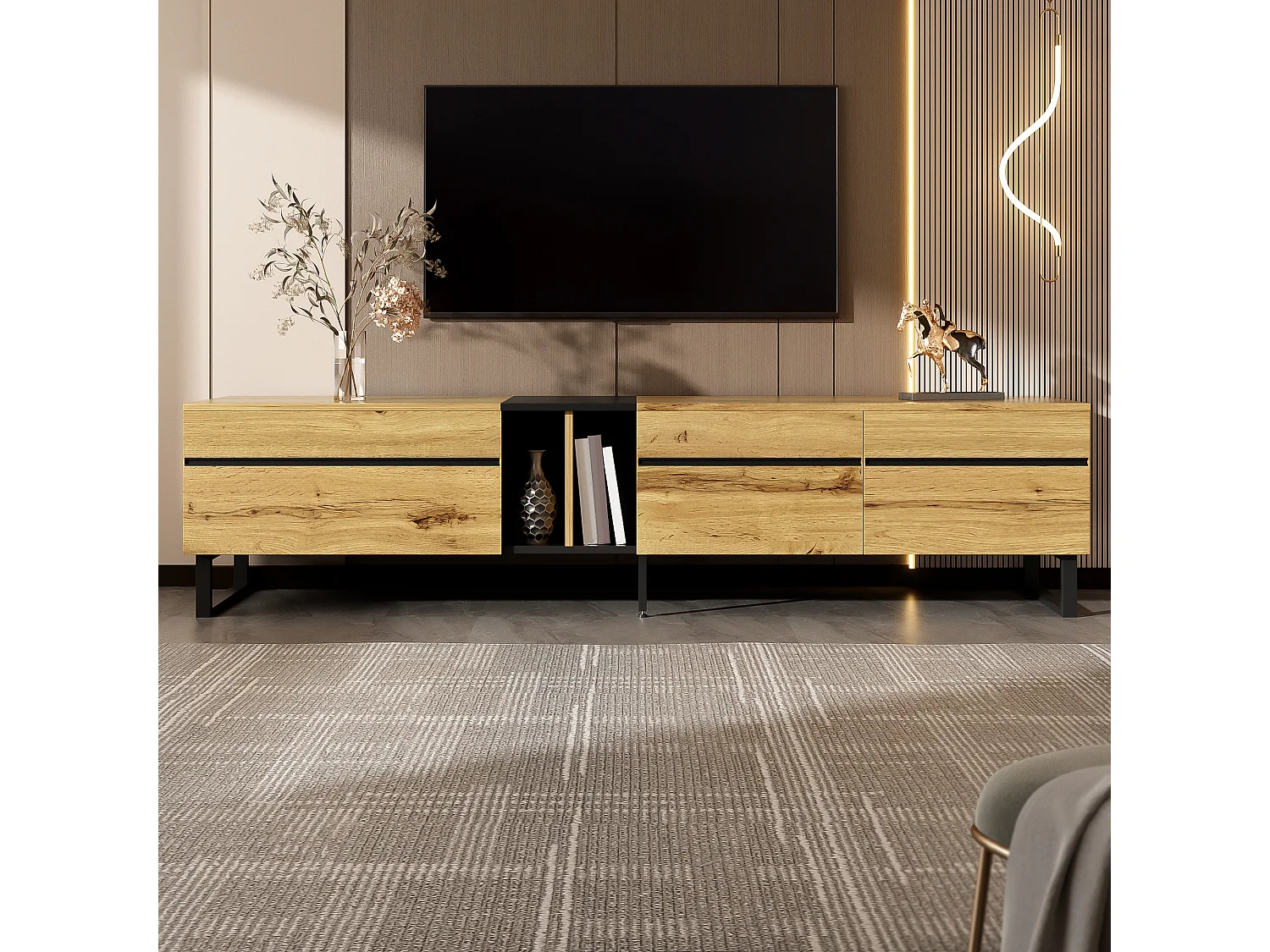 Houtkleur tv-meubel 180x38x45 cm met 1 klepdeur, 1 open vak, 2 deuren en verstelbare poten