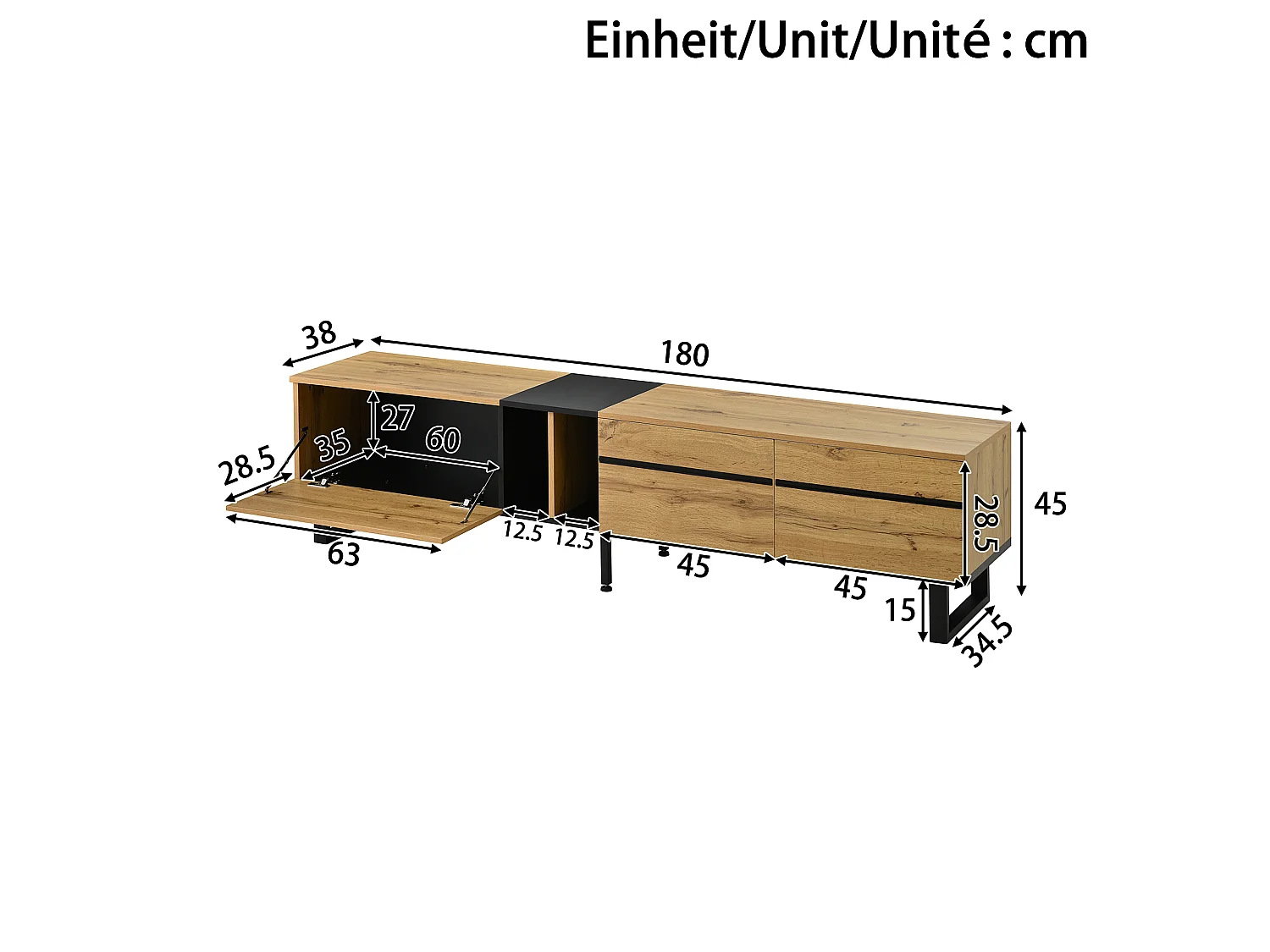 Houtkleur tv-meubel 180x38x45 cm met 1 klepdeur, 1 open vak, 2 deuren en verstelbare poten