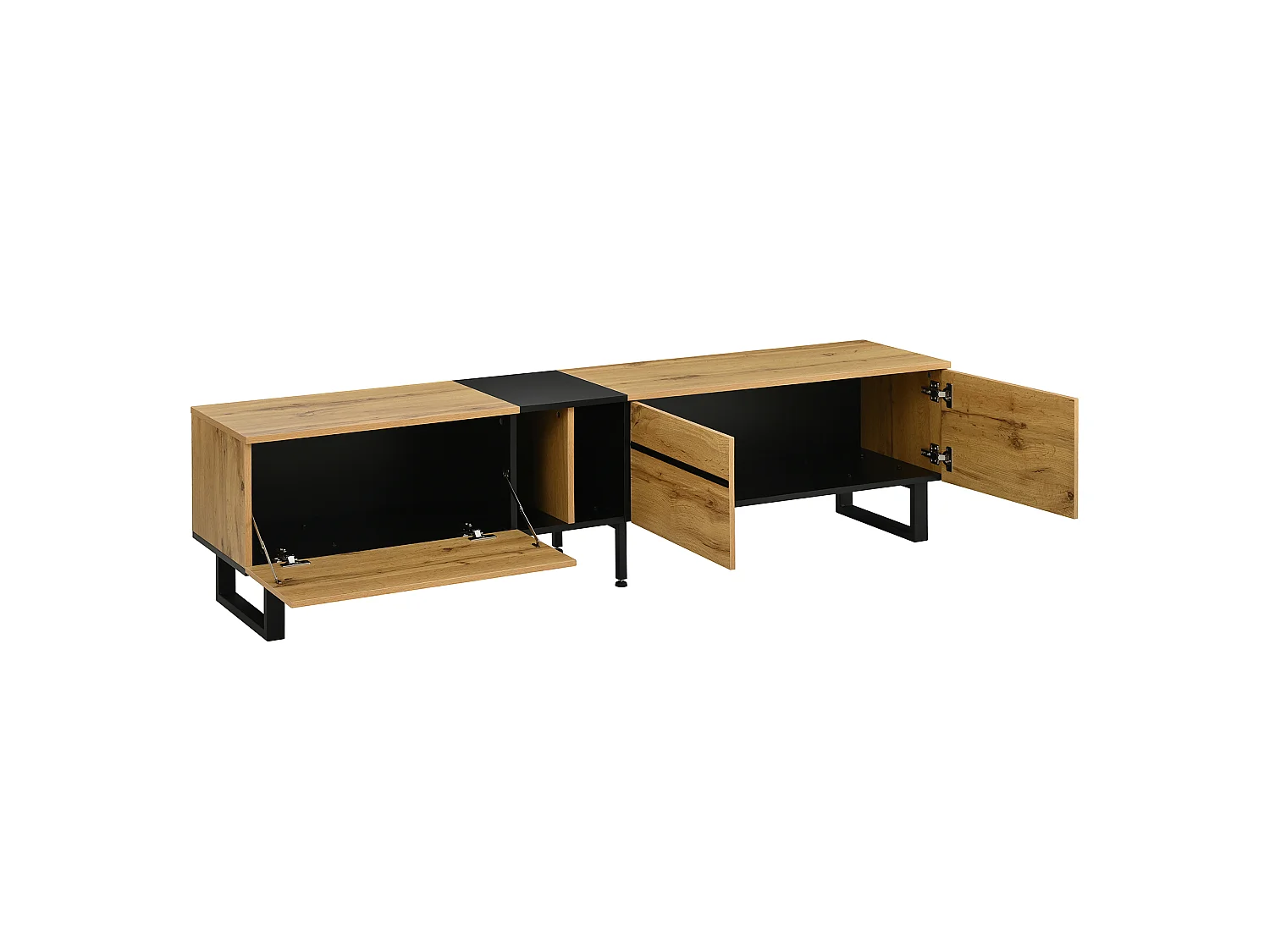 Houtkleur tv-meubel 180x38x45 cm met 1 klepdeur, 1 open vak, 2 deuren en verstelbare poten