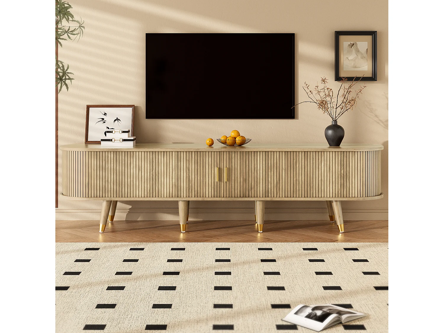 Licht eiken tv-meubel 175x38x45 cm met schuifdeur, planken, laden en gouden details