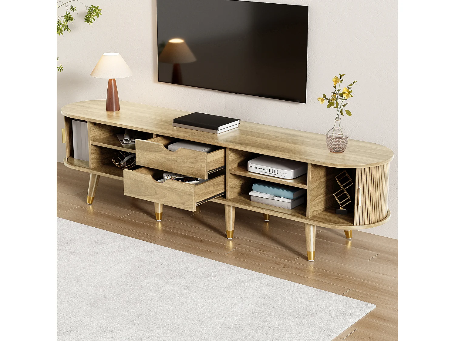 Licht eiken tv-meubel 175x38x45 cm met schuifdeur, planken, laden en gouden details