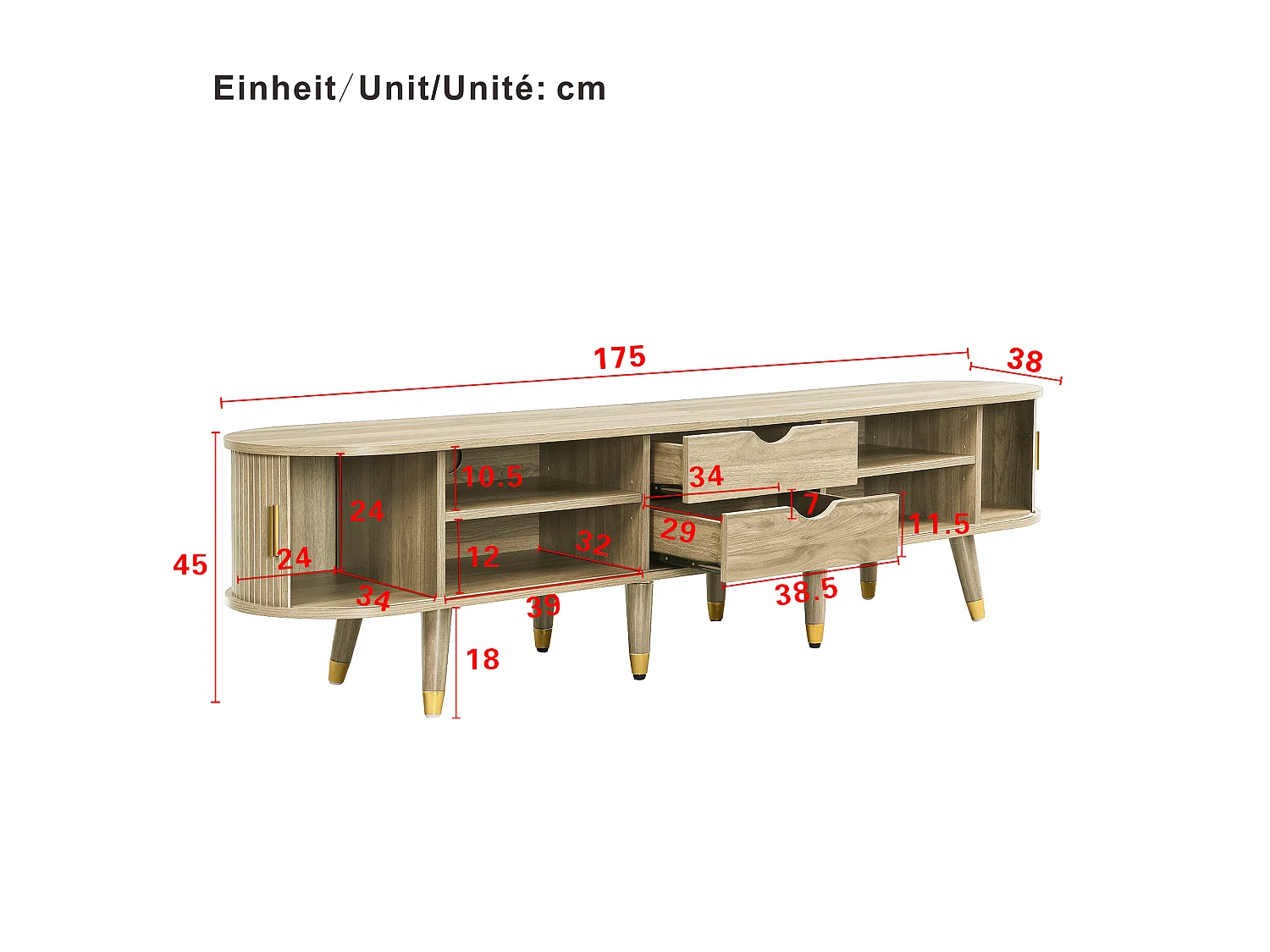 Licht eiken tv-meubel 175x38x45 cm met schuifdeur, planken, laden en gouden details