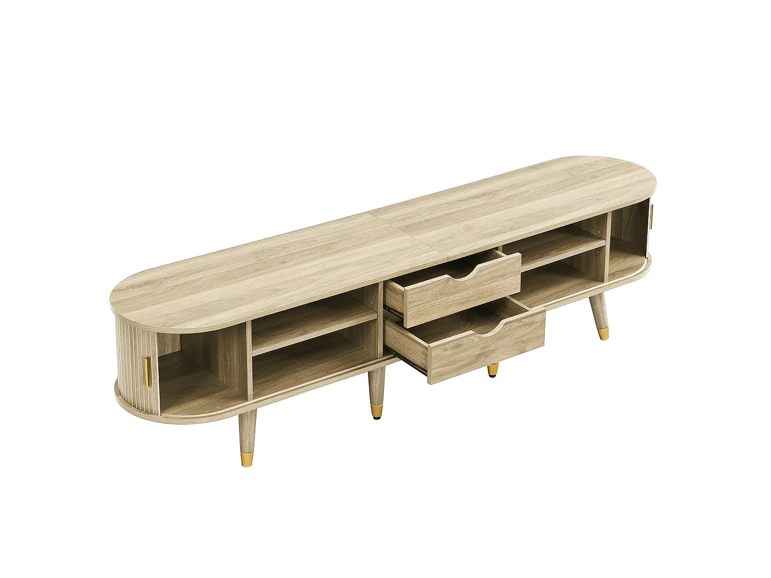 Licht eiken tv-meubel 175x38x45 cm met schuifdeur, planken, laden en gouden details