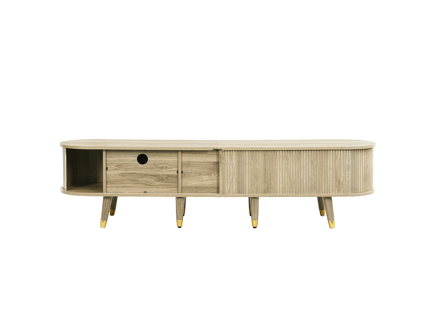 Licht eiken tv-meubel 175x38x45 cm met schuifdeur, planken, laden en gouden details