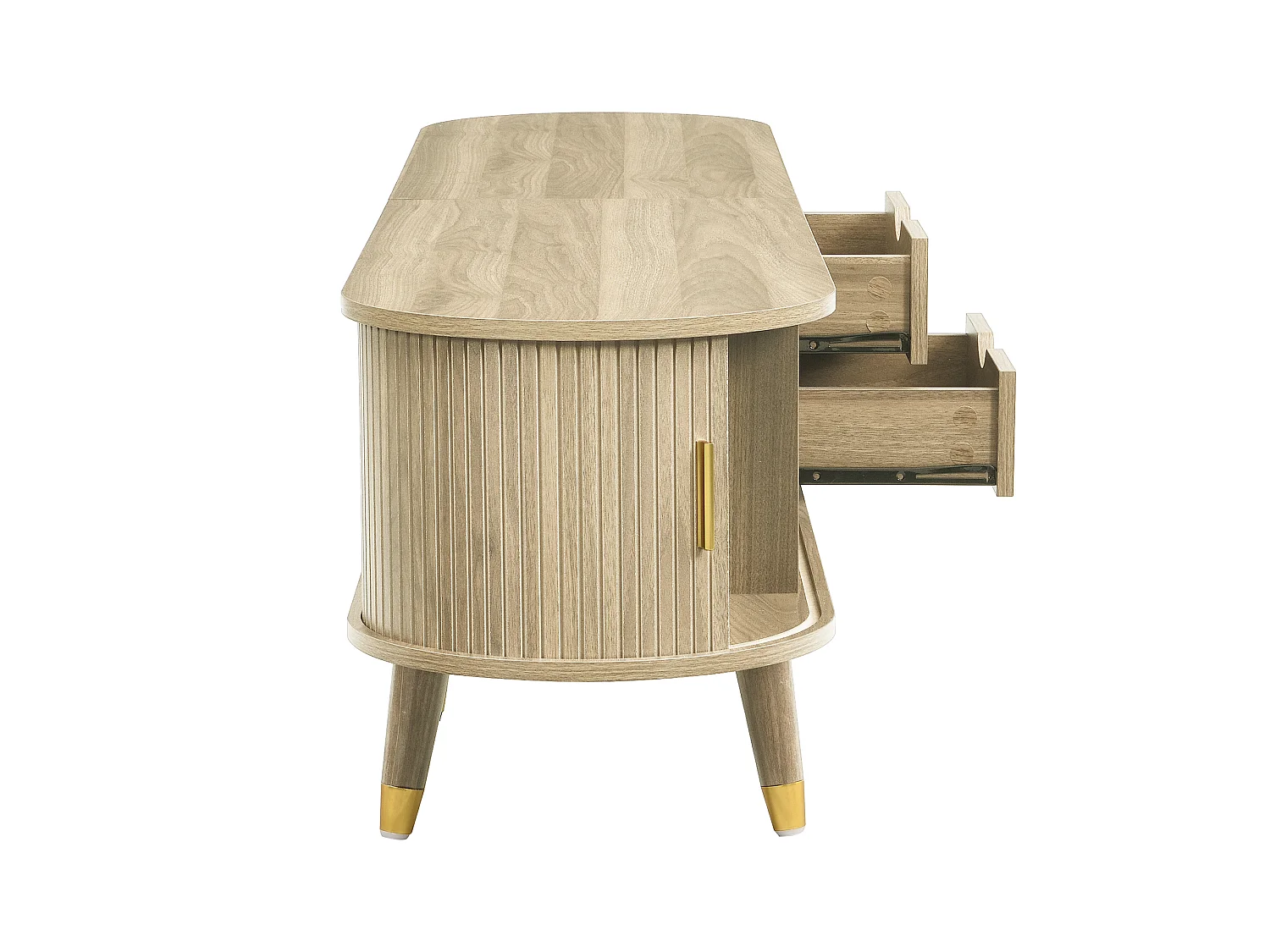 Licht eiken tv-meubel 175x38x45 cm met schuifdeur, planken, laden en gouden details