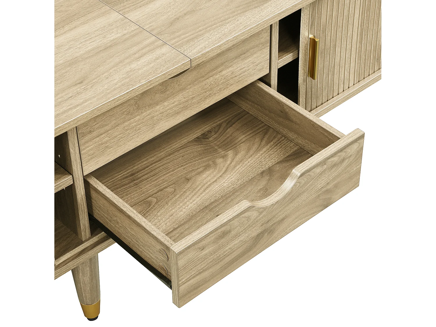 Licht eiken tv-meubel 175x38x45 cm met schuifdeur, planken, laden en gouden details