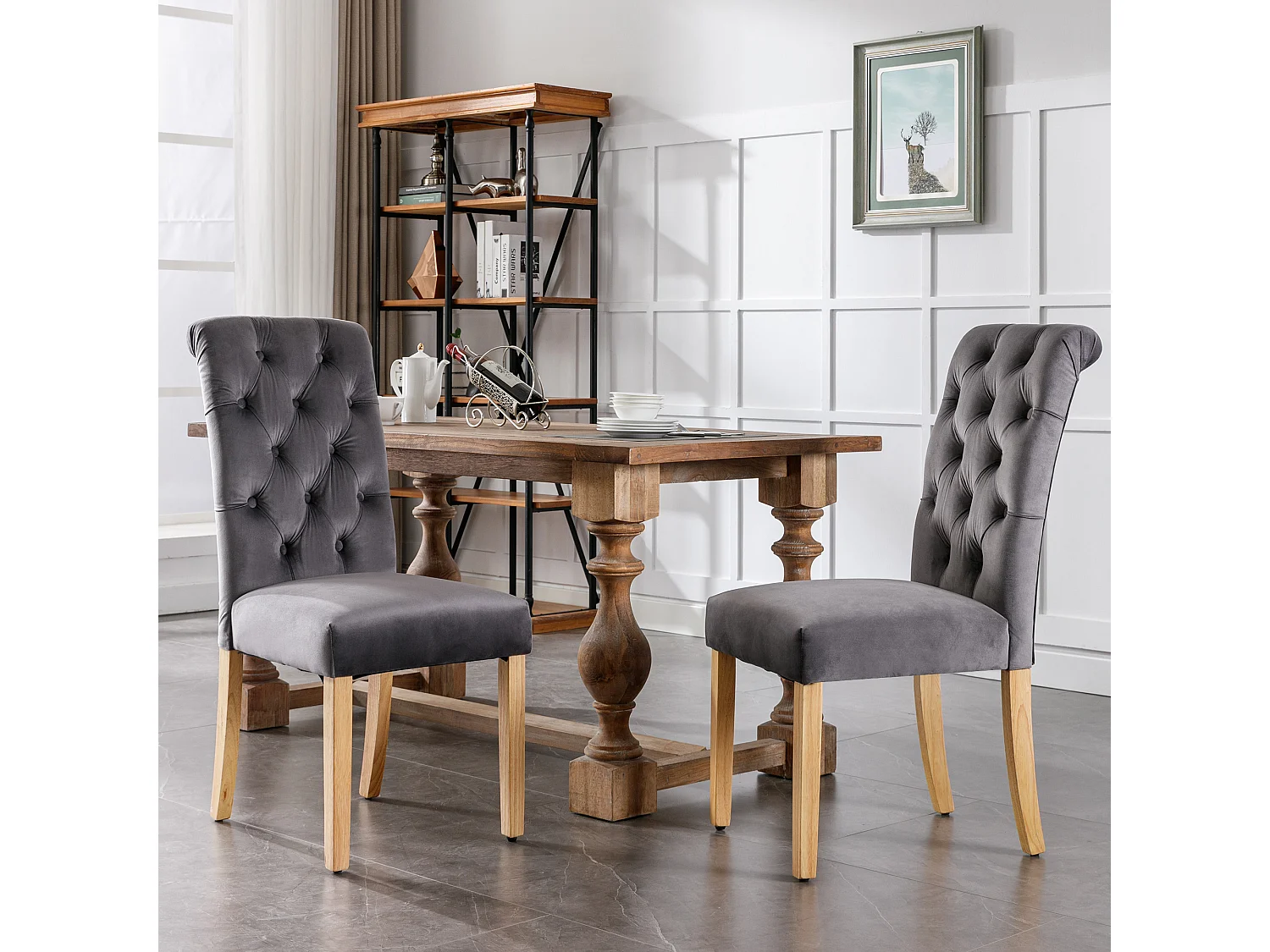 Set di 4 sedie in velluto con schienale imbottito e gambe in rovere - grigio - per soggiorno e sala da pranzo