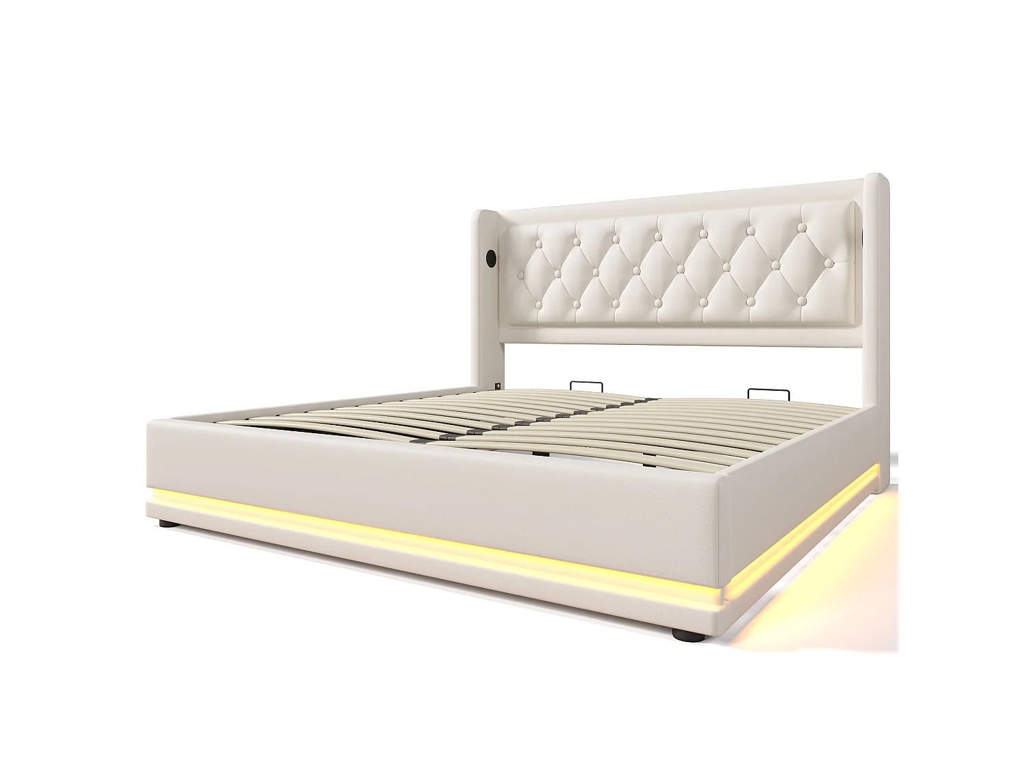 lit coffre 140x200 avec tête de lit, USB et Type-C, éclairage LED 3 côtés, sommier à lattes - en cuir synthétique - blanc - matelas inclus