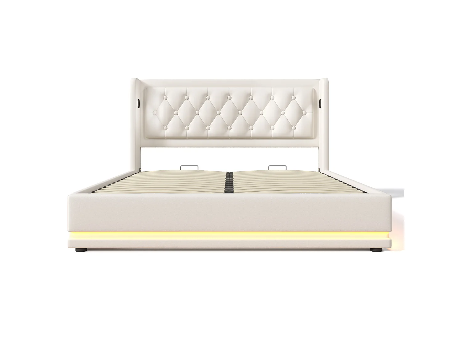 lit coffre 140x200 avec tête de lit, USB et Type-C, éclairage LED 3 côtés, sommier à lattes - en cuir synthétique - blanc - matelas inclus