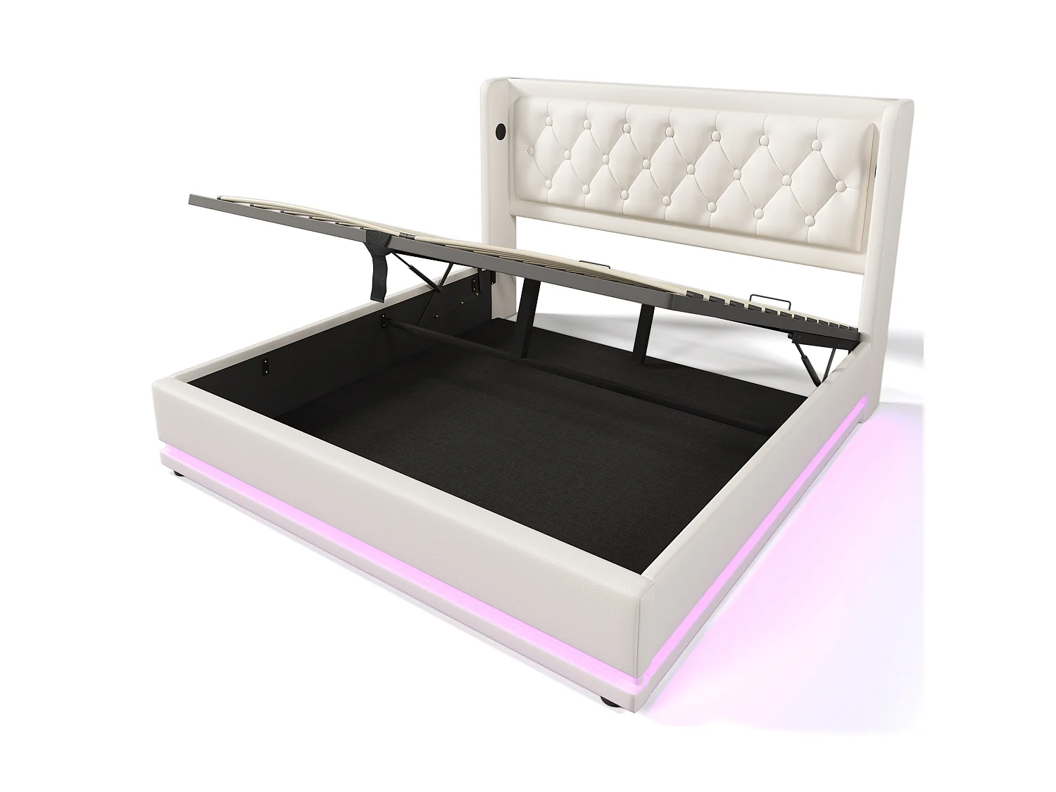 lit coffre 140x200 avec tête de lit, USB et Type-C, éclairage LED 3 côtés, sommier à lattes - en cuir synthétique - blanc - matelas inclus