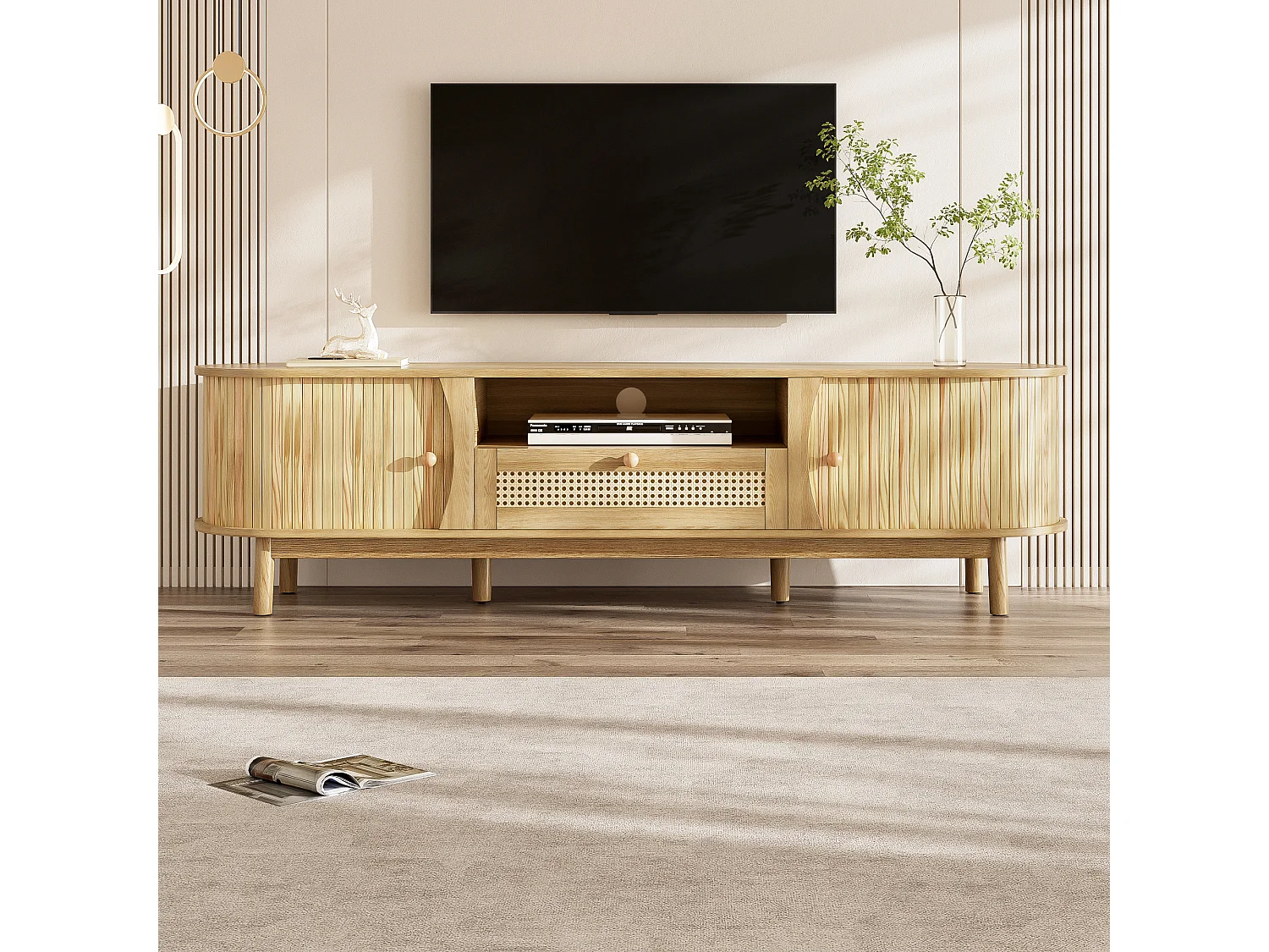 Natuurlijk tv-meubel 165x37x46 cm met schuifdeuren, rattan laden en massief houten poten