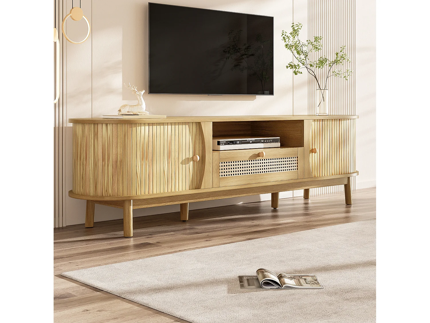Natuurlijk tv-meubel 165x37x46 cm met schuifdeuren, rattan laden en massief houten poten