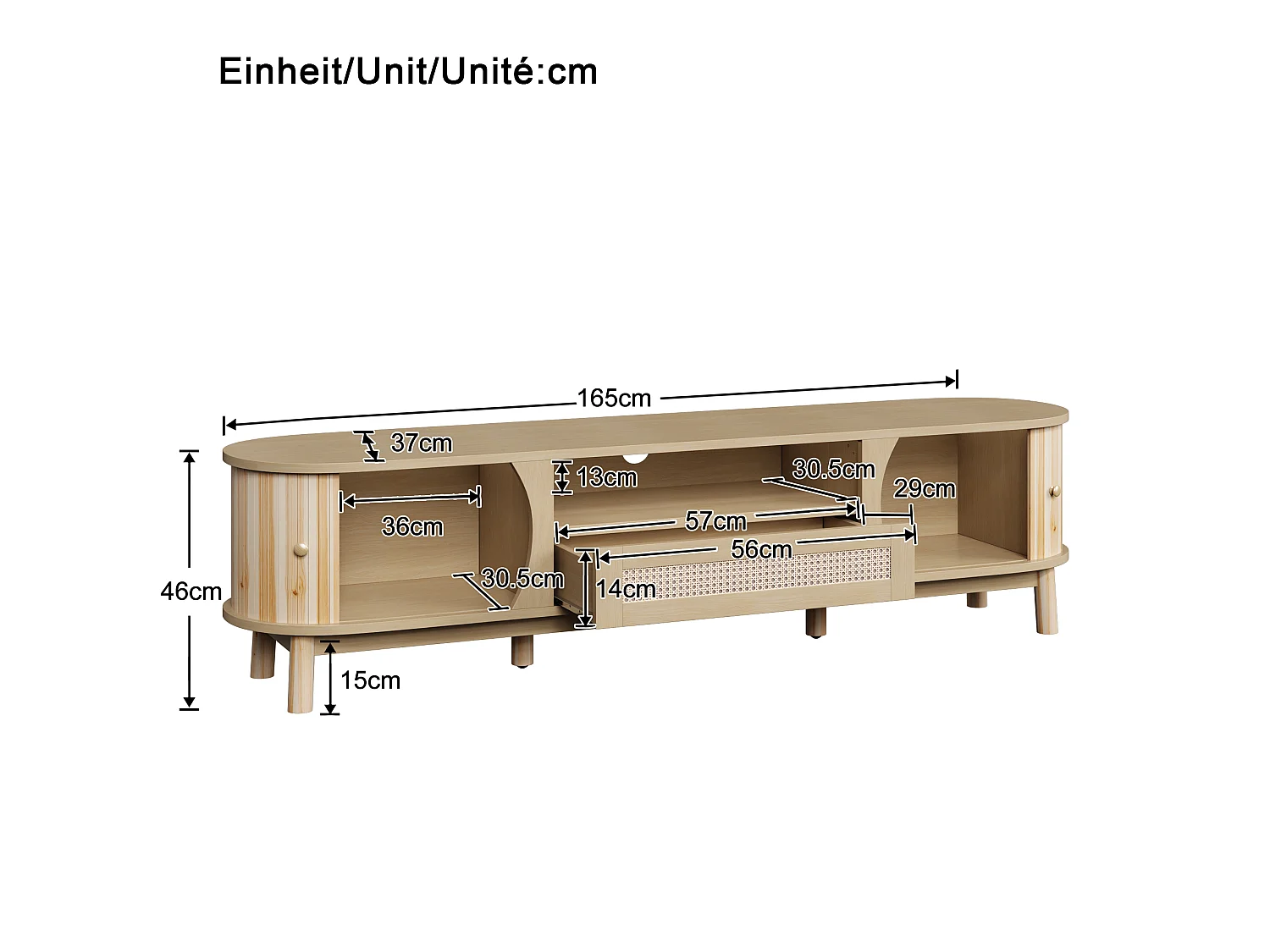 Natuurlijk tv-meubel 165x37x46 cm met schuifdeuren, rattan laden en massief houten poten