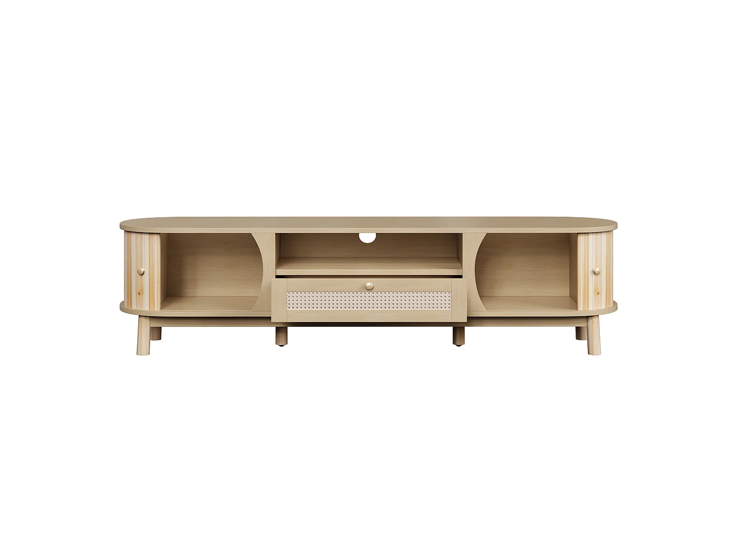 Natuurlijk tv-meubel 165x37x46 cm met schuifdeuren, rattan laden en massief houten poten
