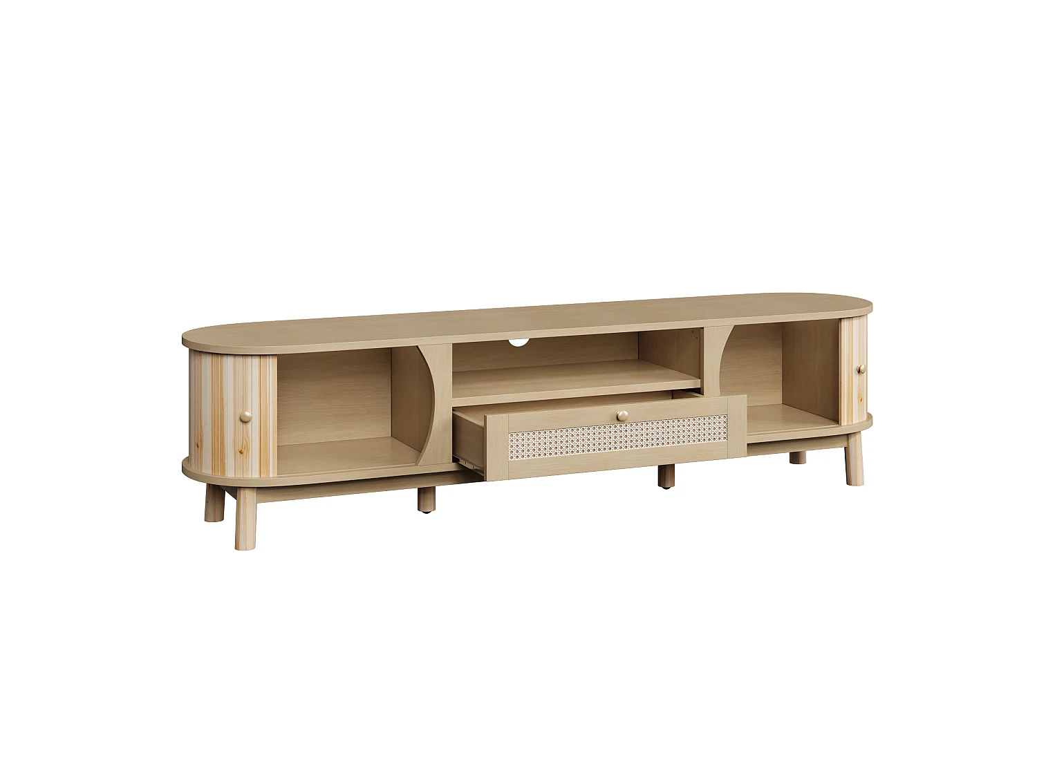 Natuurlijk tv-meubel 165x37x46 cm met schuifdeuren, rattan laden en massief houten poten