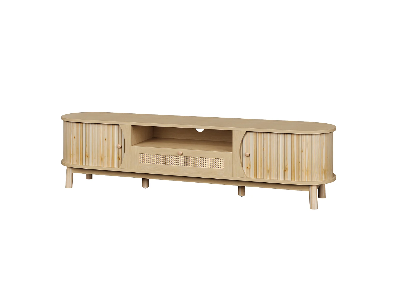 Natuurlijk tv-meubel 165x37x46 cm met schuifdeuren, rattan laden en massief houten poten