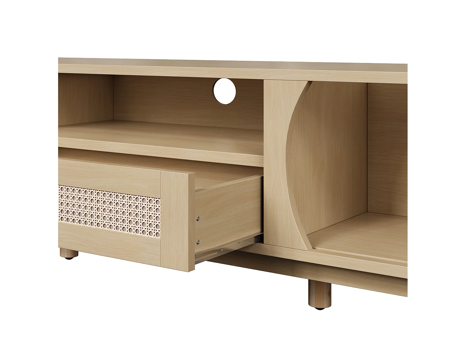 Natuurlijk tv-meubel 165x37x46 cm met schuifdeuren, rattan laden en massief houten poten