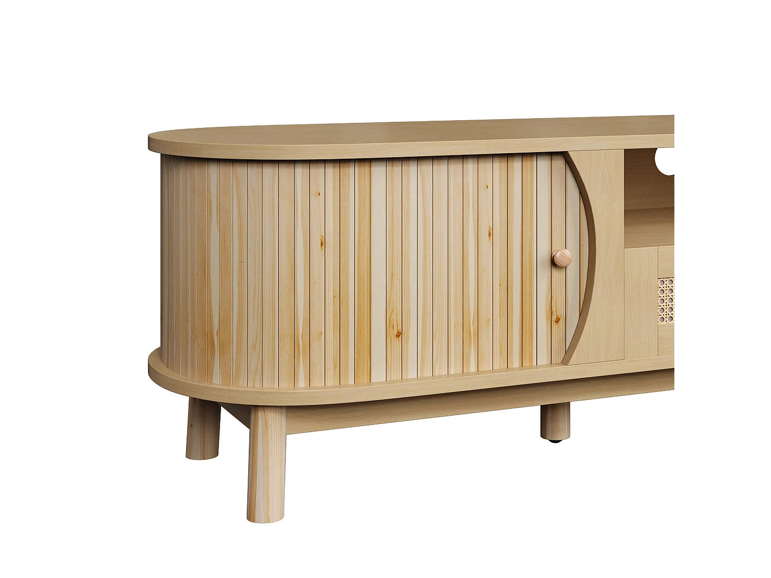 Natuurlijk tv-meubel 165x37x46 cm met schuifdeuren, rattan laden en massief houten poten