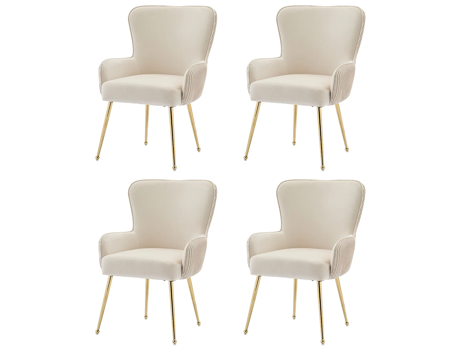 Juego de 4 sillas de comedor de terciopelo con patas metálicas doradas, con reposabrazos – beige
