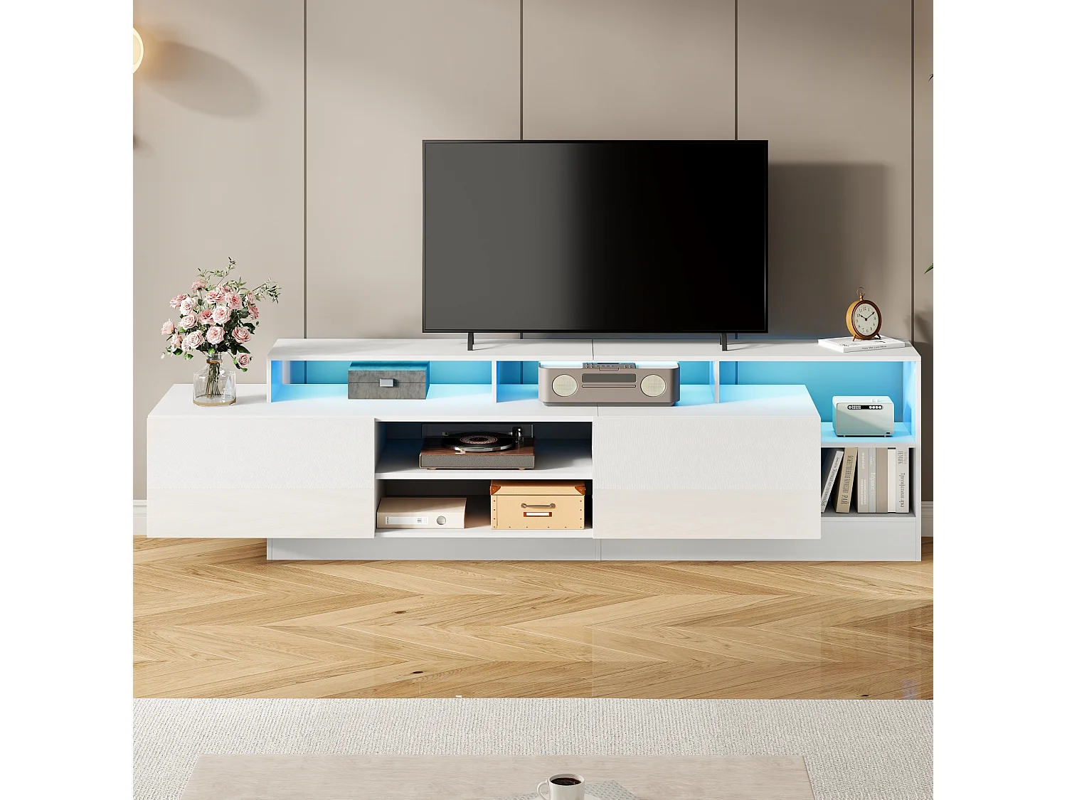TV-Board weiß 190x40x48,5 cm mit LED, 2 Klapptüren und Hochglanzfront