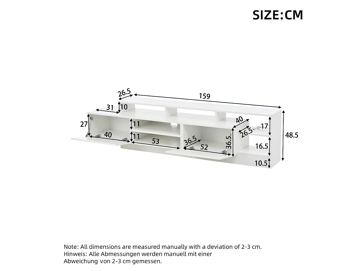 TV-Board weiß 190x40x48,5 cm mit LED, 2 Klapptüren und Hochglanzfront