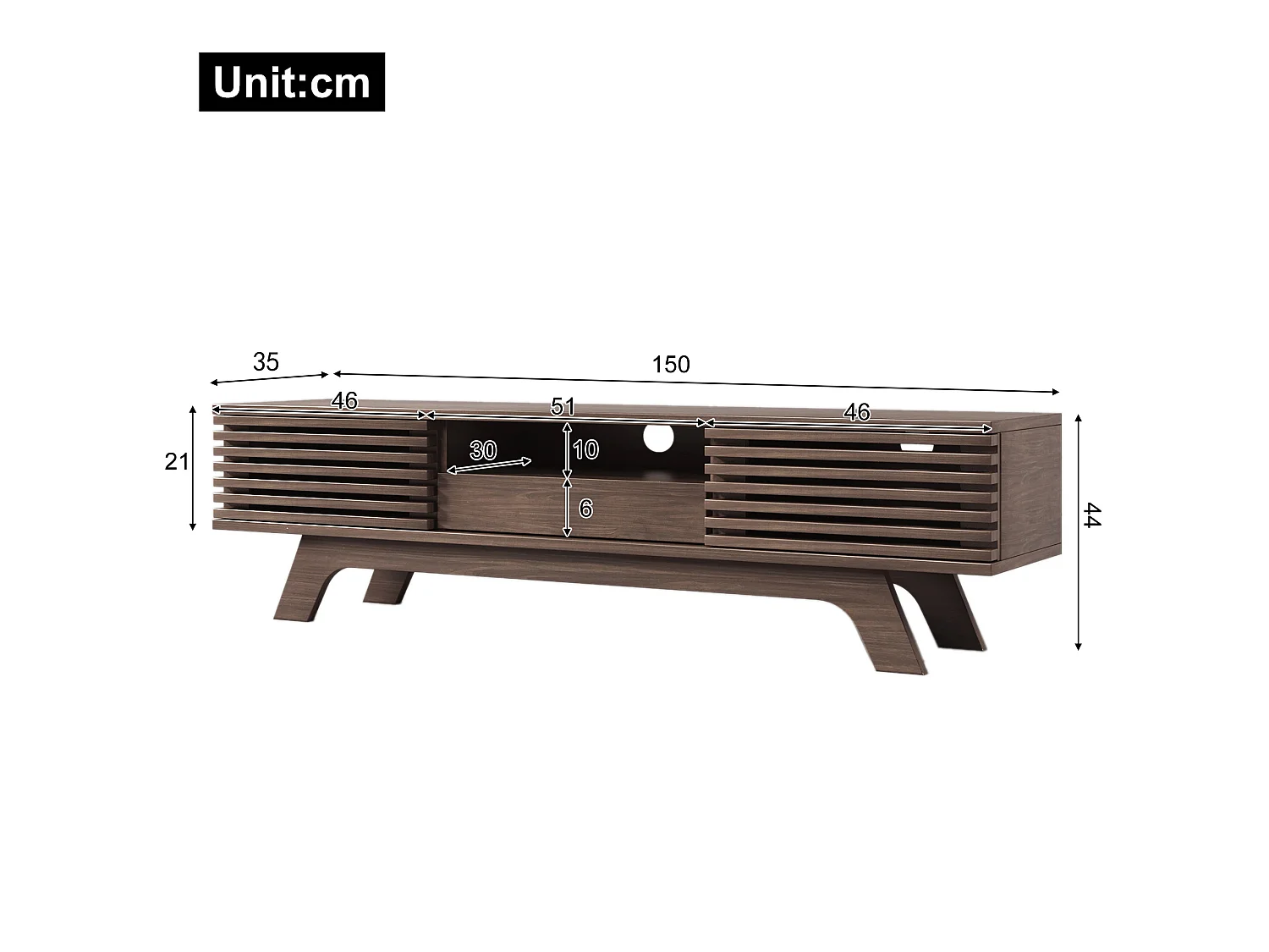 Meuble tv naturel 150x35x44 cm avec 2 portes, 1 tiroir, niches ouvertes et passe-câbles