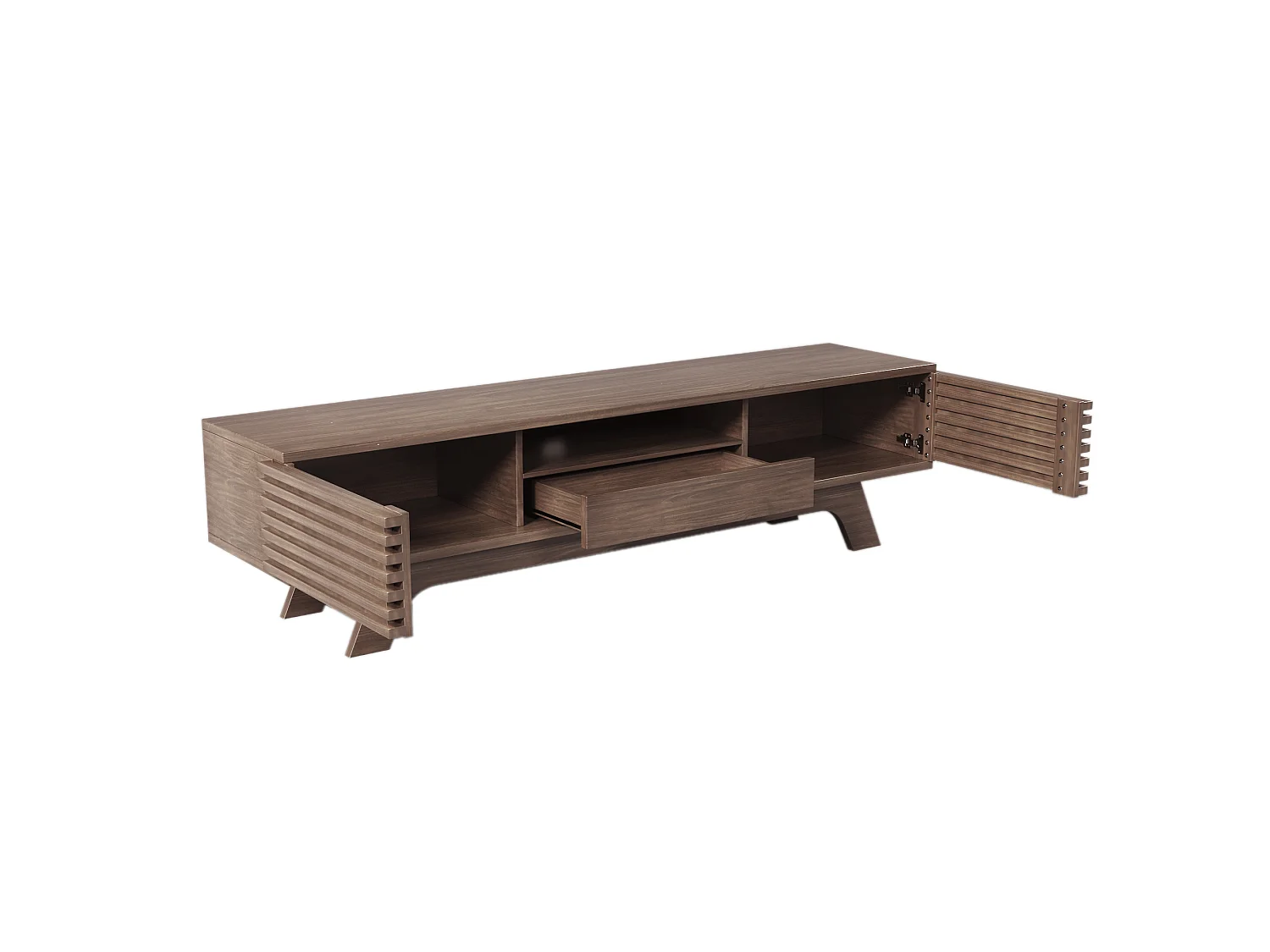 Meuble tv naturel 150x35x44 cm avec 2 portes, 1 tiroir, niches ouvertes et passe-câbles