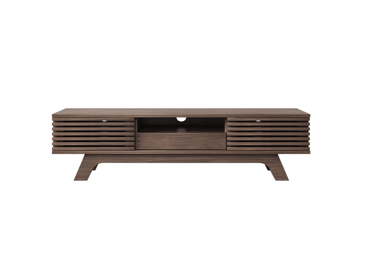 Meuble tv naturel 150x35x44 cm avec 2 portes, 1 tiroir, niches ouvertes et passe-câbles