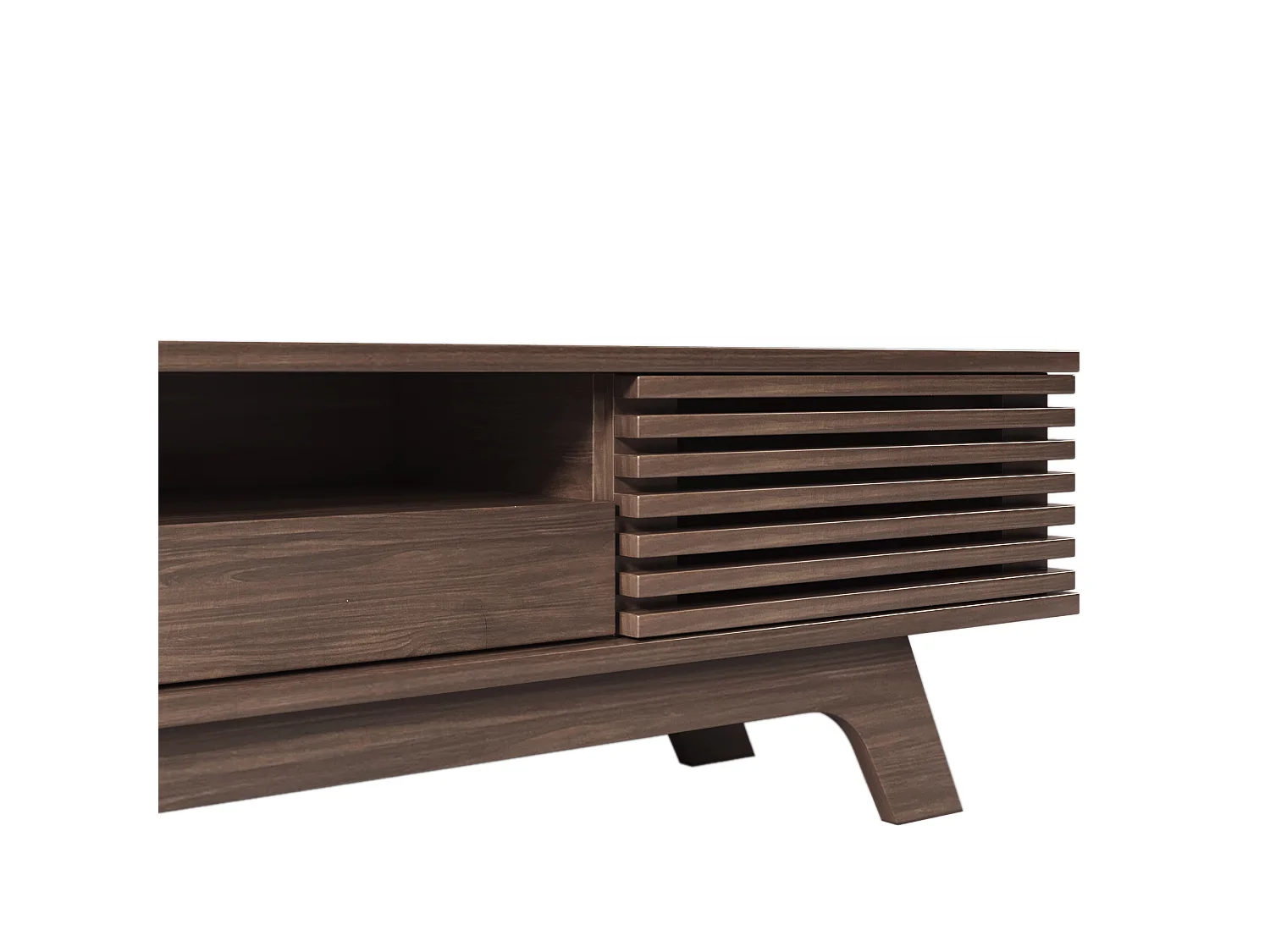 Meuble tv naturel 150x35x44 cm avec 2 portes, 1 tiroir, niches ouvertes et passe-câbles