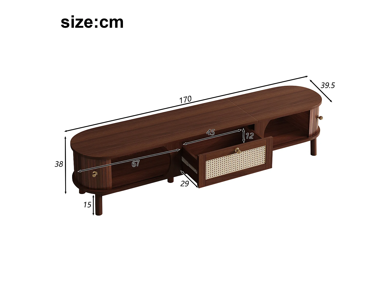 Natuurlijk tv-meubel 170x39,5x38 cm met massief houten deuren, rattan laden en schuifdeur