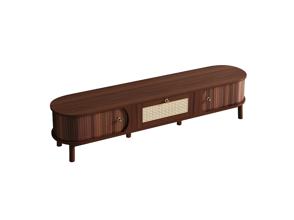 Natuurlijk tv-meubel 170x39,5x38 cm met massief houten deuren, rattan laden en schuifdeur