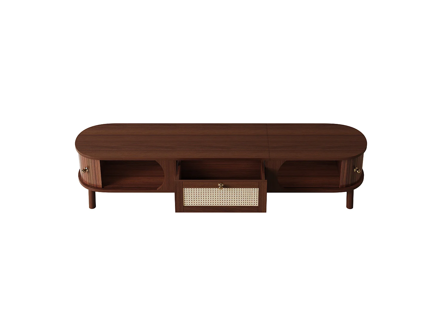 Natuurlijk tv-meubel 170x39,5x38 cm met massief houten deuren, rattan laden en schuifdeur