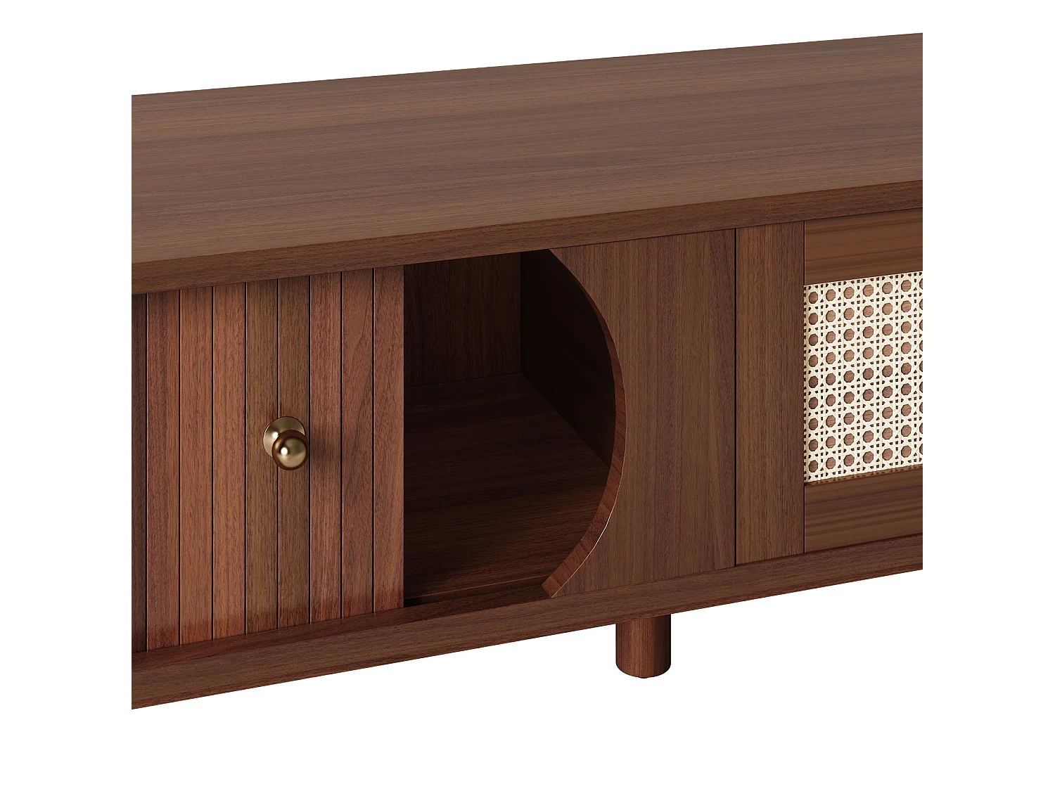 Natuurlijk tv-meubel 170x39,5x38 cm met massief houten deuren, rattan laden en schuifdeur