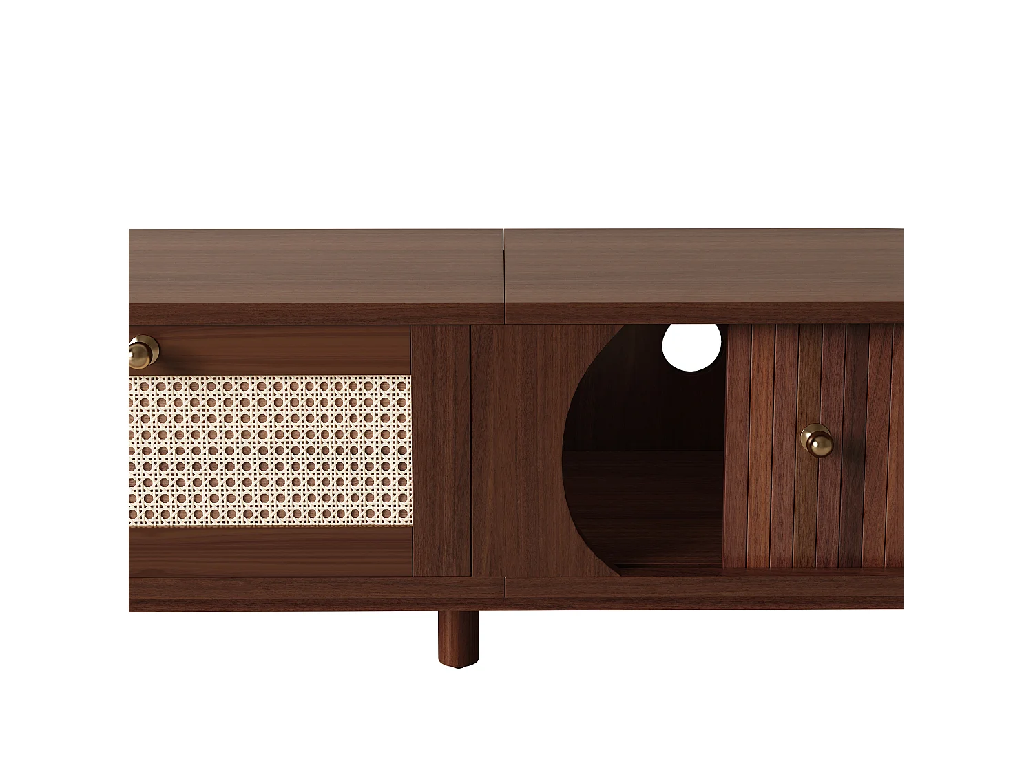 Natuurlijk tv-meubel 170x39,5x38 cm met massief houten deuren, rattan laden en schuifdeur