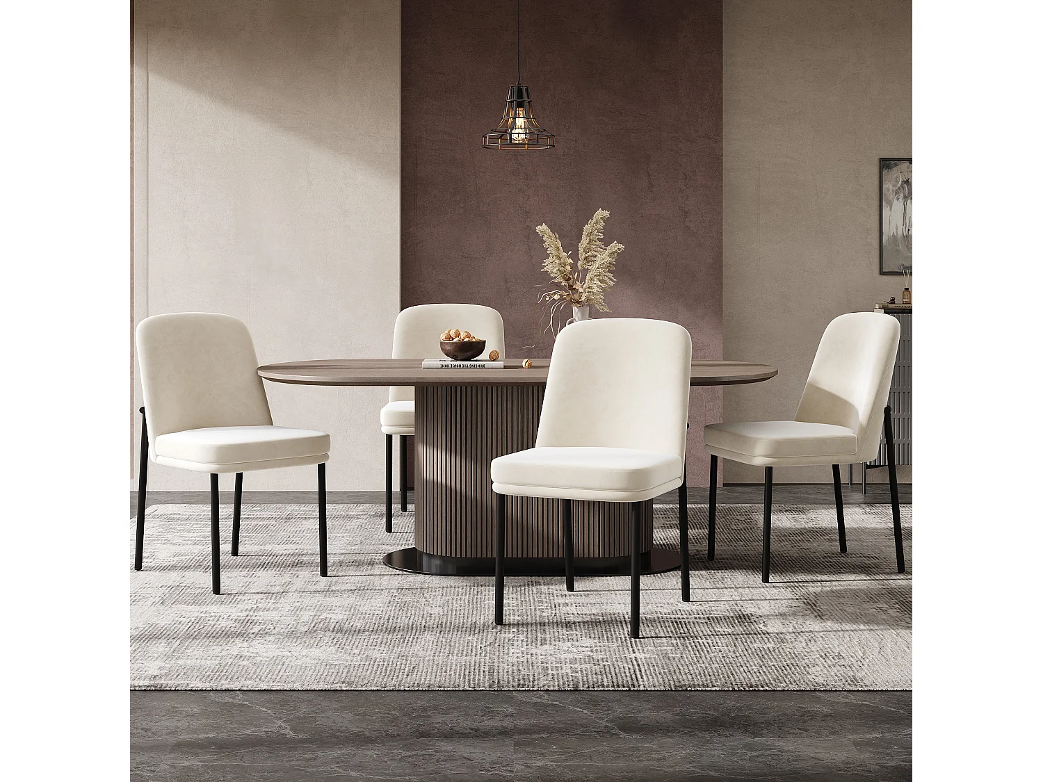 Set di 4 sedie da pranzo imbottite in velluto beige con struttura in metallo nero