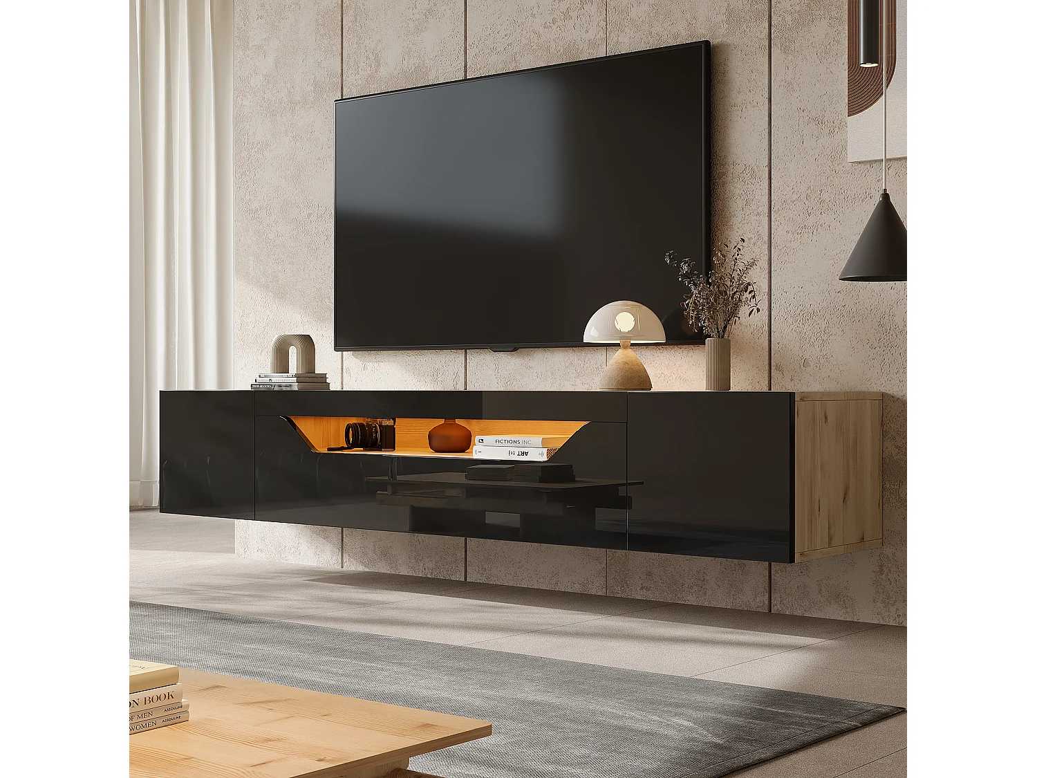 Szafka RTV ścienna czarna i drewno naturalne 180x37x36 cm z led, 2 drzwiami i 1 drzwiami uchylnymi