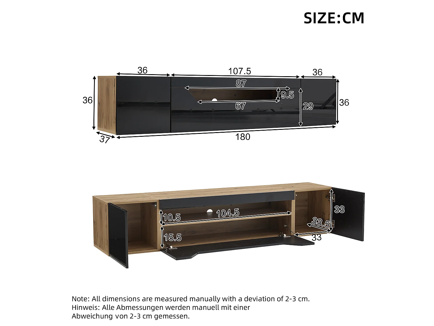Szafka RTV ścienna czarna i drewno naturalne 180x37x36 cm z led, 2 drzwiami i 1 drzwiami uchylnymi